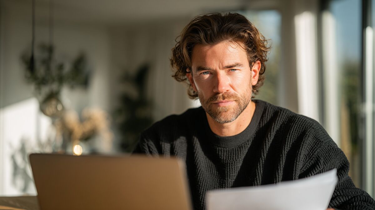 Gefocuste zzp'er werkt aan facturen op laptop in thuiskantoor - professioneel thuis werken